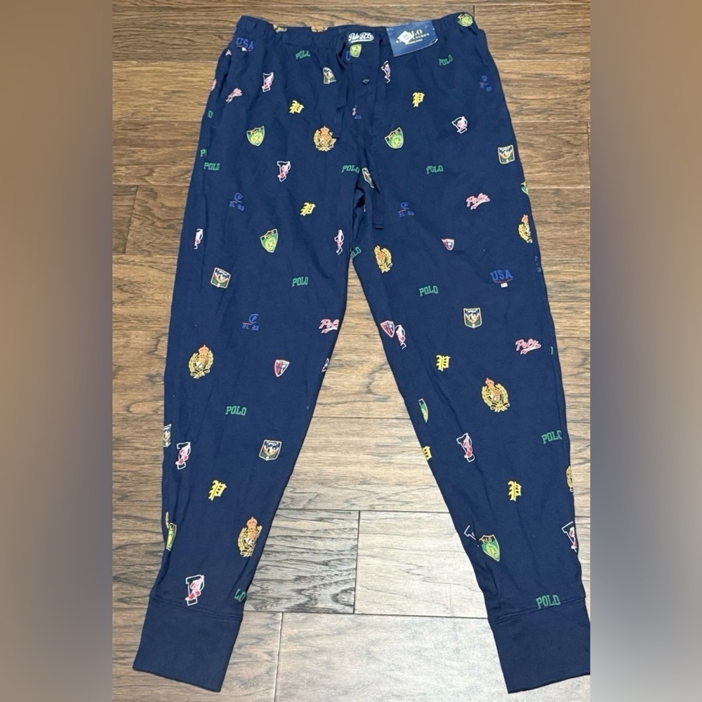 New Polo Ralph Lauren Pep Rally Varsity Logo Print Pajama Jogger Pants Navy L